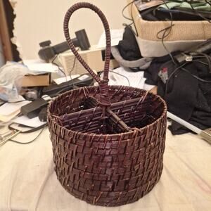 Handwoven Round Rattan Flatware Caddy With Handle Dark Color Very Nice